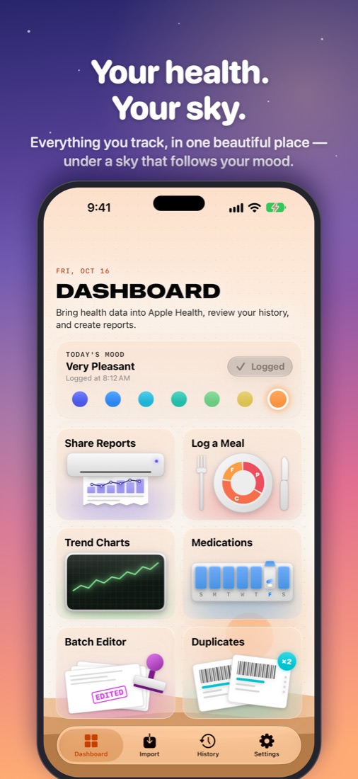 The Dashboard, with today's mood and your tools